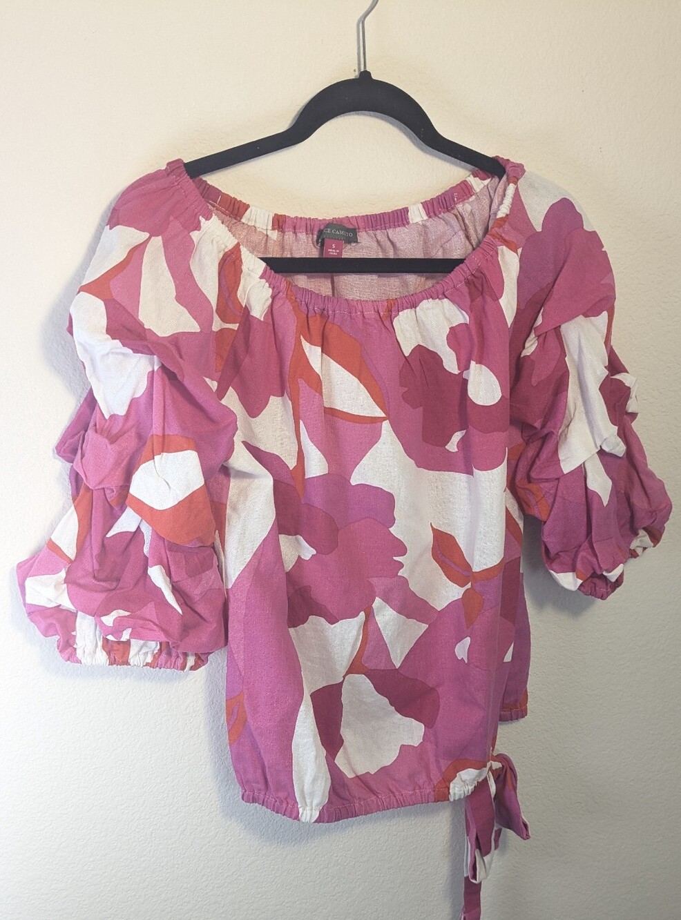Vince Camuto Off Shoulder Linen Blend Floral Blouse Pink White Puff Sleeve Sz. S